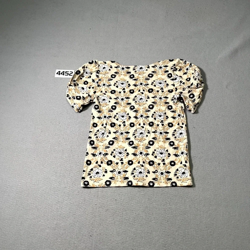 LOFT Outlet Cropped Blouse Top Womens XS Beige Floral‎ Round Neck Puff Sleeve